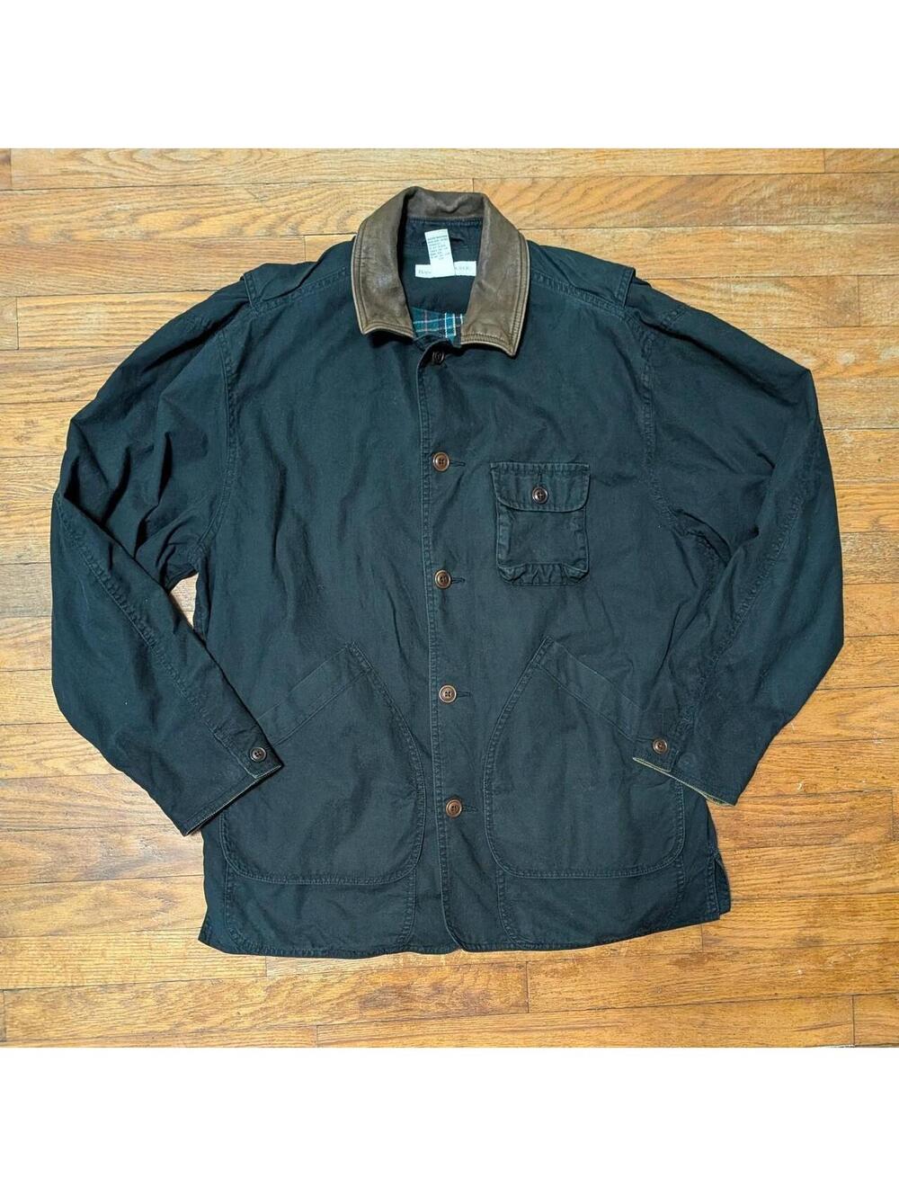 1990s Banana Republic Leather Collar Chore Barn Coat Plaid Flannel Lined Size S